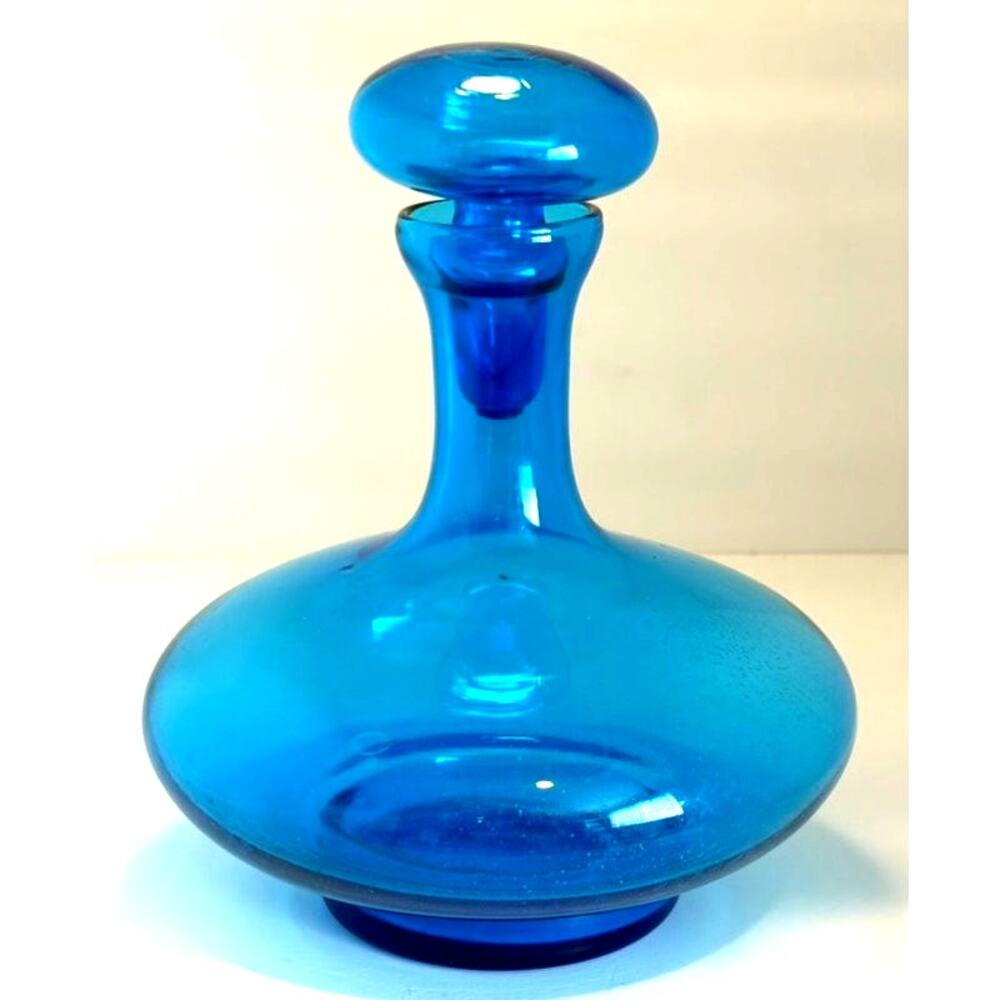 MCM Blue Art Glass Decanter with Stopper, Italian Empoli (?)